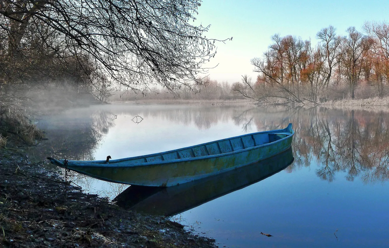 Фото обои winter, barca, Lombardia, Parco naturale della Valle del Ticino, riflessi