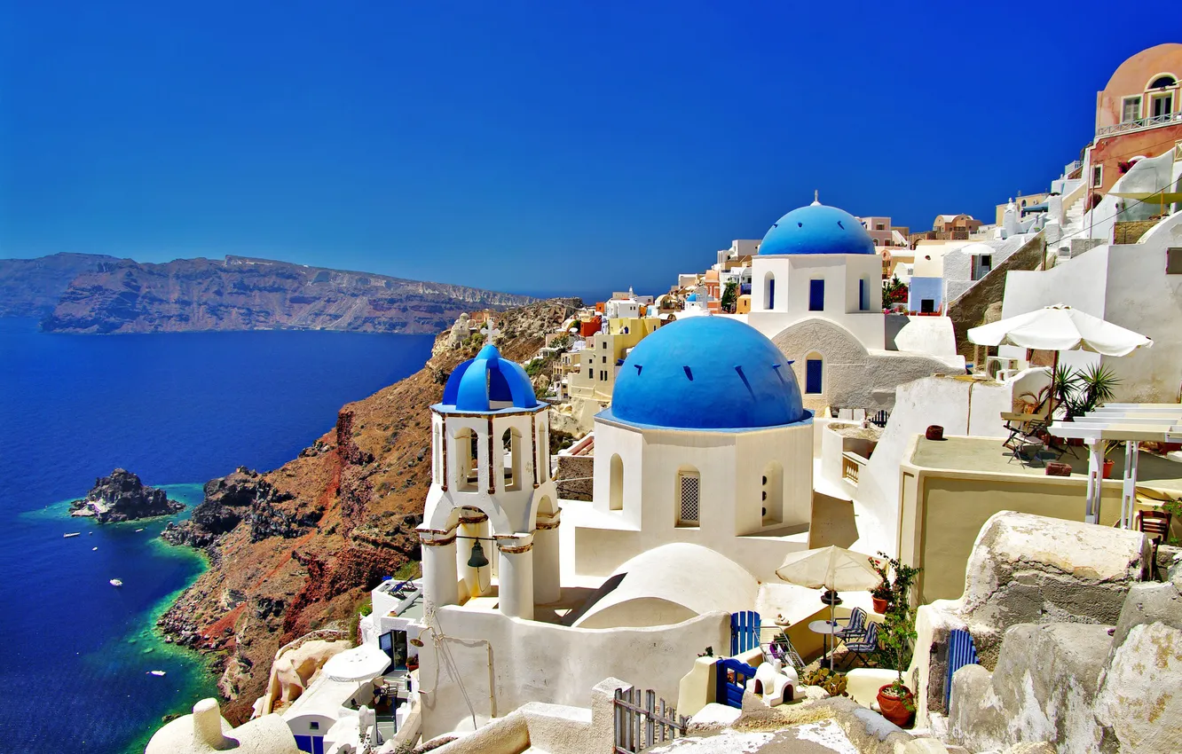 Фото обои море, небо, солнце, пейзаж, скалы, побережье, дома, Santorini
