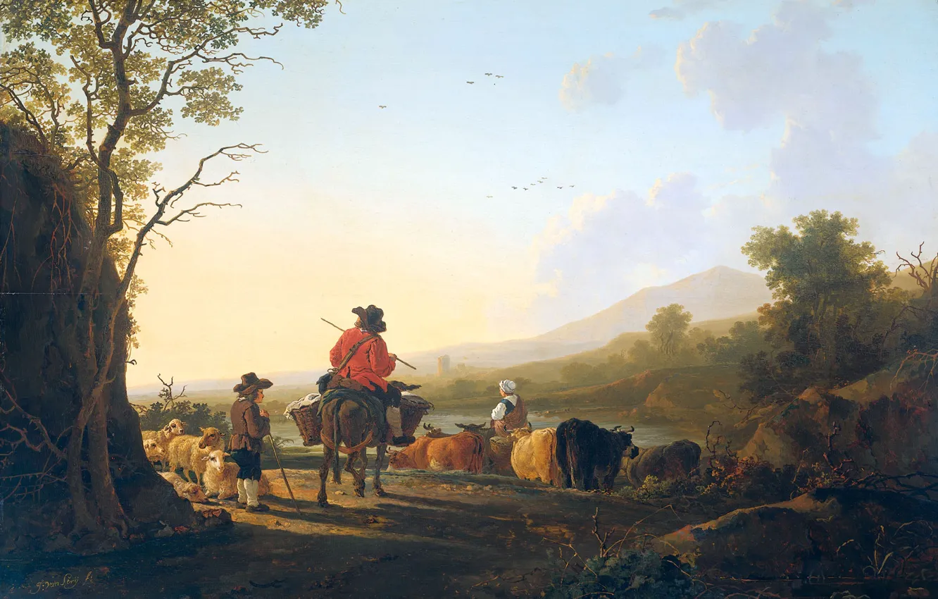 Фото обои дерево, масло, картина, Якоб ван Стрий, Пейзаж с Пастухом и Погонщиком