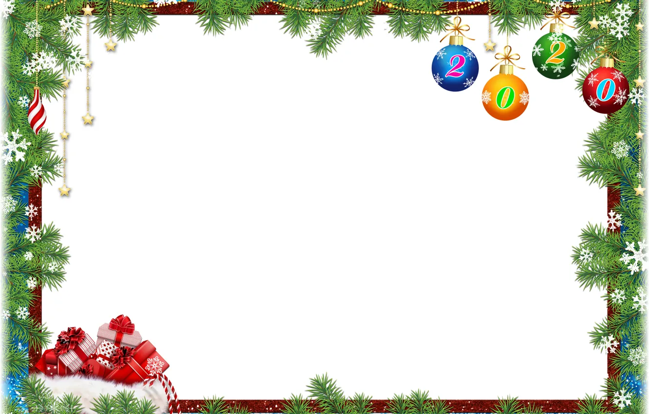 Фото обои шарики, украшения, снежинки, ветки, Новый Год, подарки, хвоя, открытка
