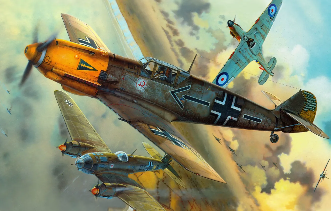 Фото обои самолеты, Вторая мировая война, британские, немецкие, воздушные бои, Messerschmitt Bf-109E4