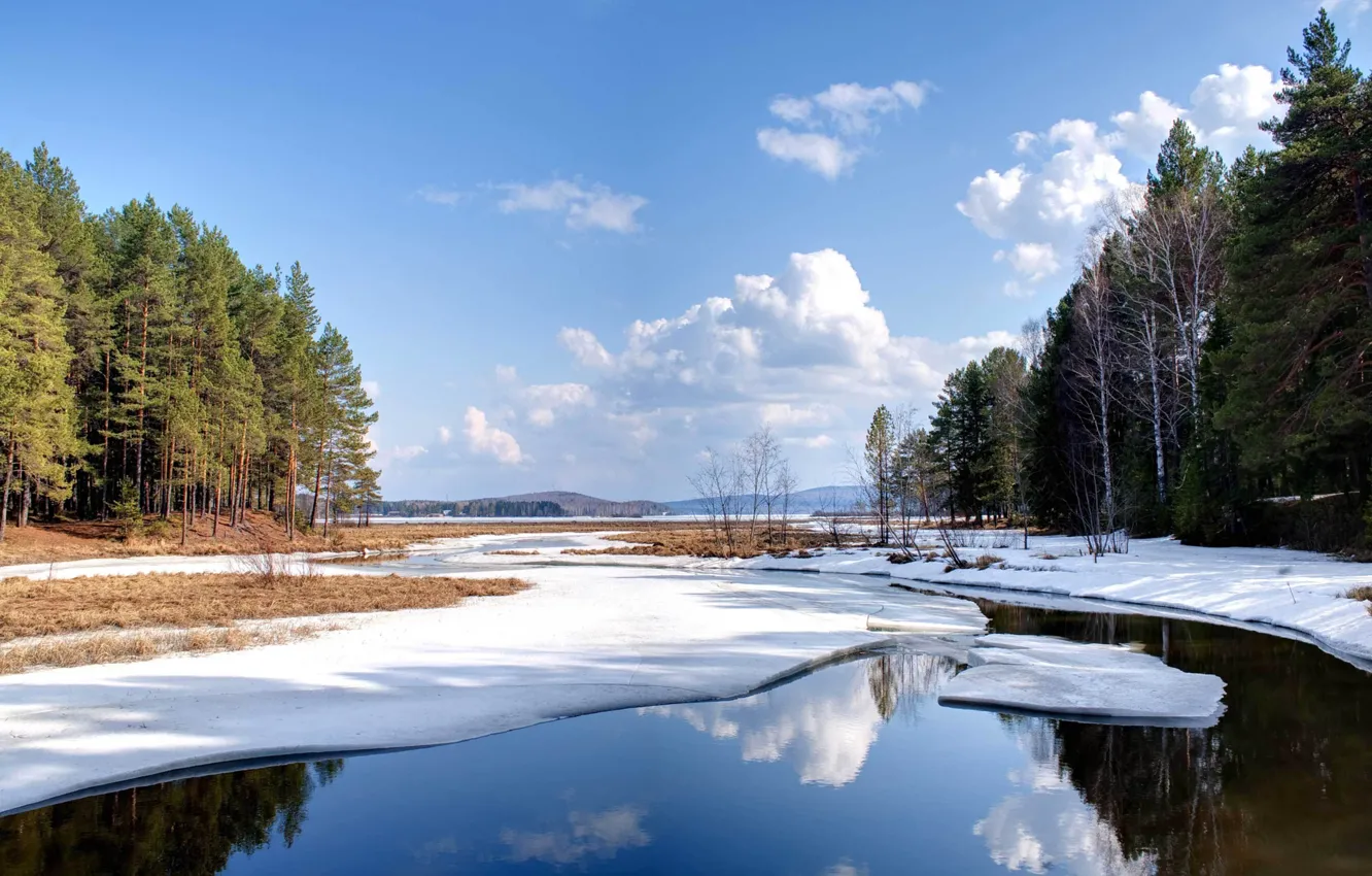 Фото обои зима, лес, небо, вода, облака, снег, пейзаж, природа