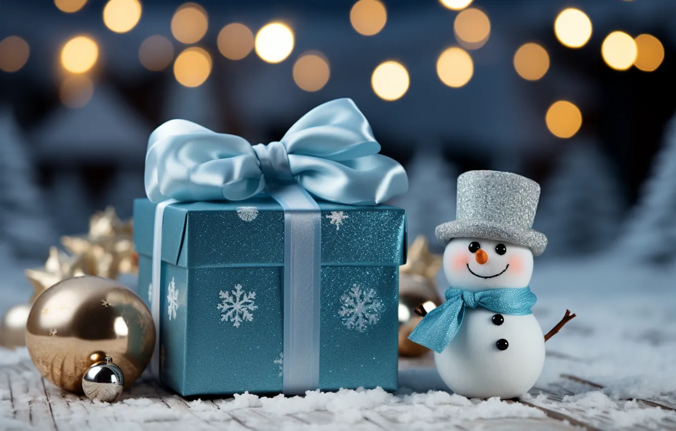 Фото обои зима, снег, украшения, снежинки, шары, Новый Год, Рождество, подарки