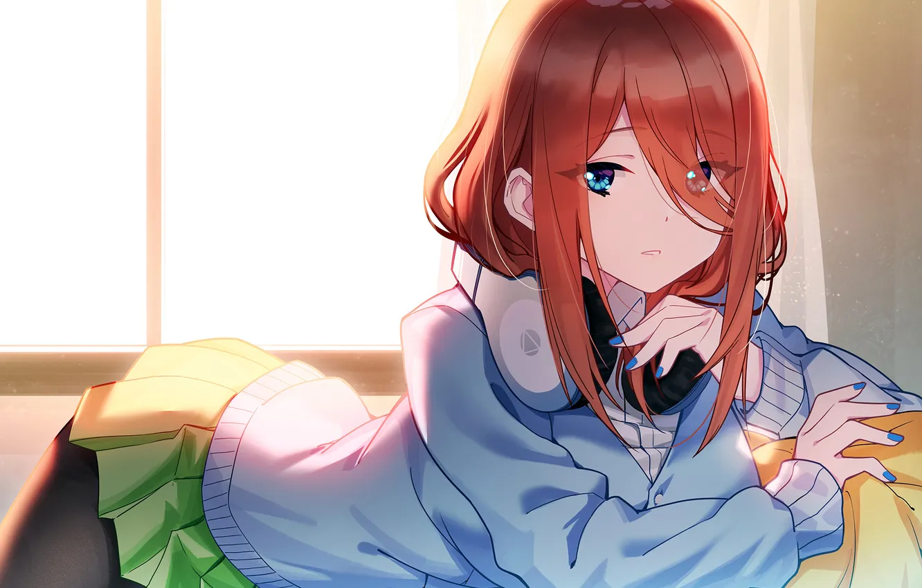 Фото обои girl, red hair, long hair, anime, headphones, blue eyes, beautiful, pretty