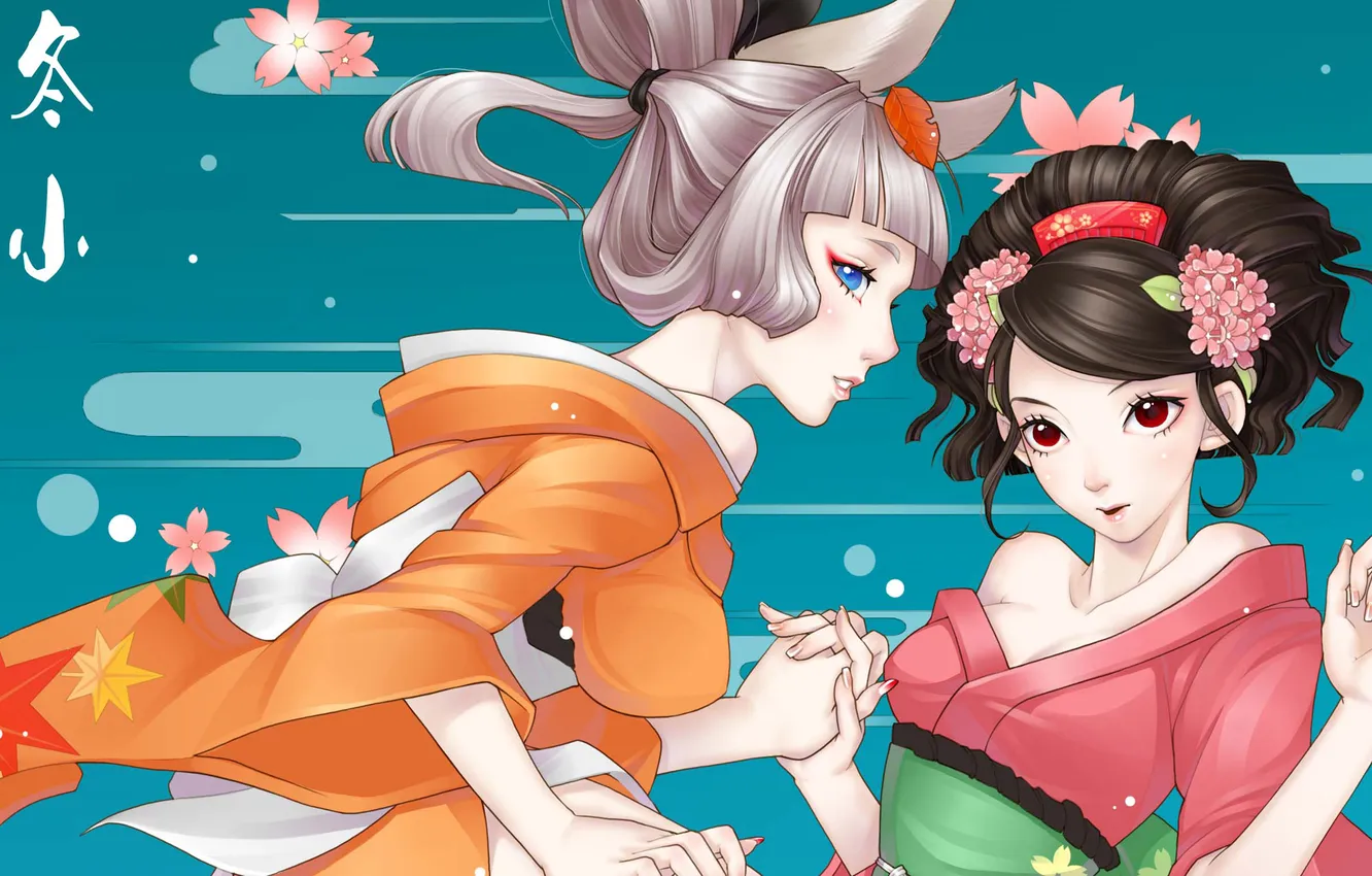 Фото обои цветы, фон, девушки, арт, иероглифы, кимоно, game, momohime