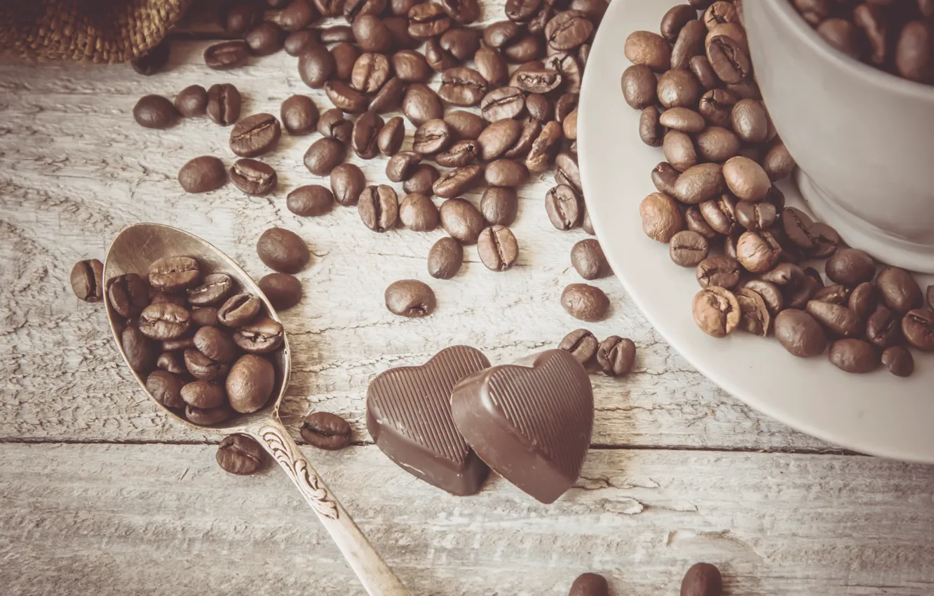 Фото обои кофе, зерна, heart, chocolate, coffee beans
