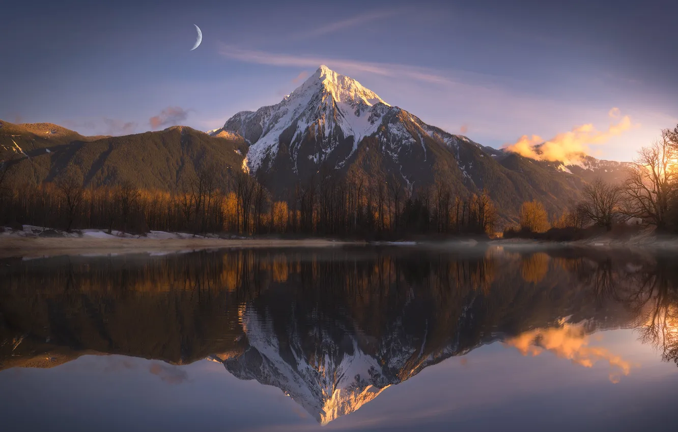 Фото обои свет, горы, озеро, отражение, луна, гора, облако