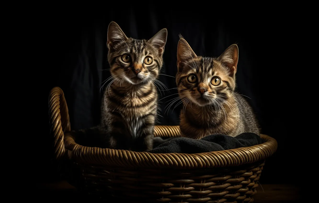 Фото обои взгляд, свет, кошки, поза, котенок, котята, черный фон, парочка