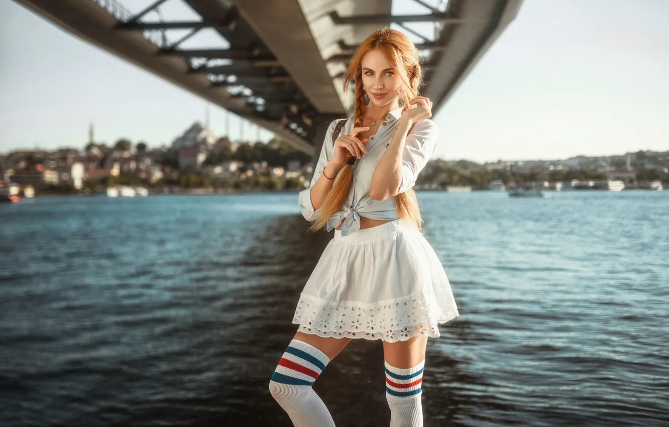 Фото обои girl, Model, legs, bridge, photo, stockings, blue eyes, redhead