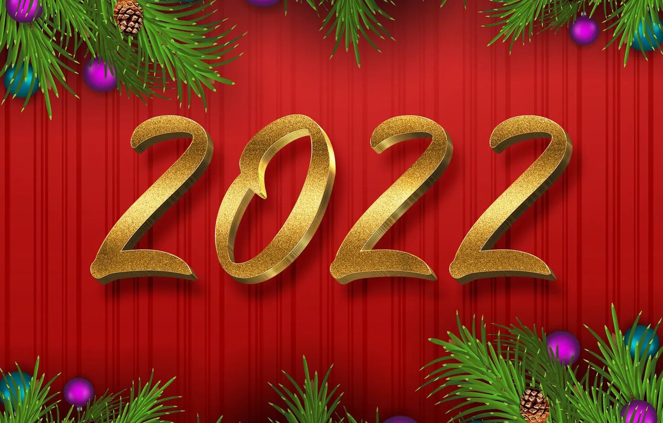 Фото обои красный, фон, шары, цифры, Новый год, украшение, new year, декор