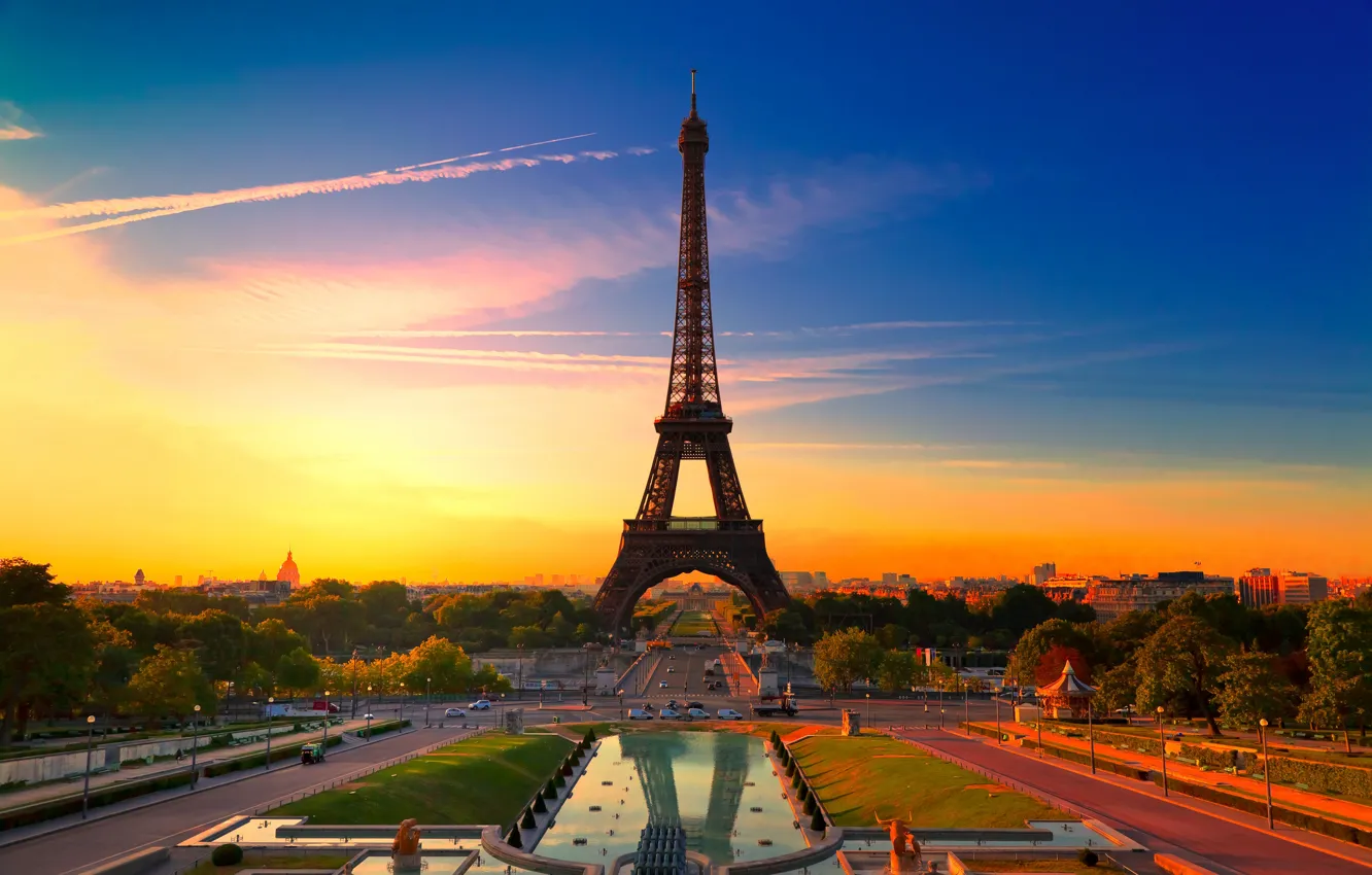 Фото обои закат, город, Франция, Париж, Эйфелева башня, красочный, beautiful france, Paris sunset