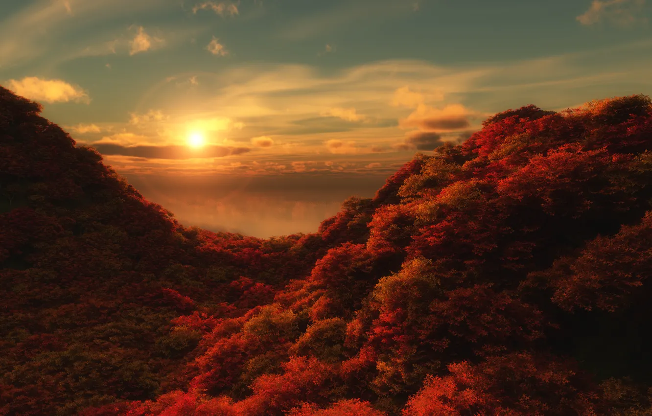 Фото обои море, осень, лес, вода, солнце, пейзаж, горы, отражение