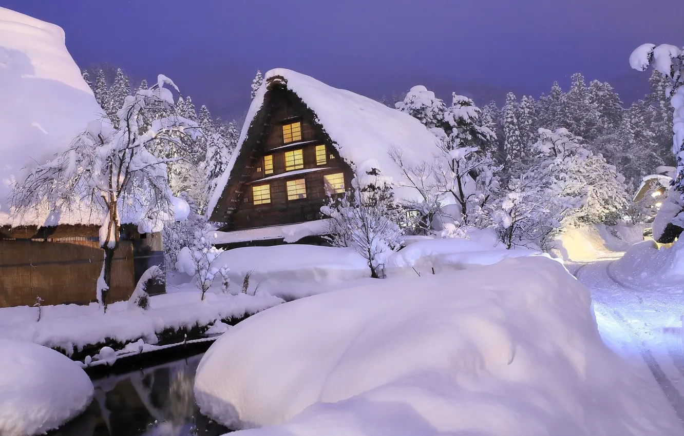 Фото обои снег, дом, вечер