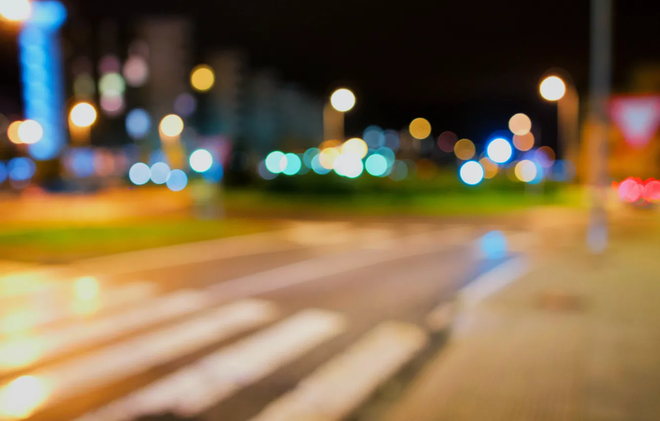 Фото обои дорога, город, огни, улица, вечер, переход, боке, bokeh