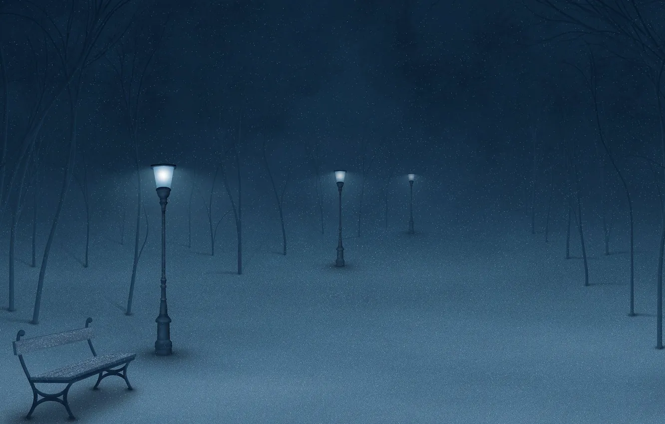 Фото обои зима, ночь, фонари