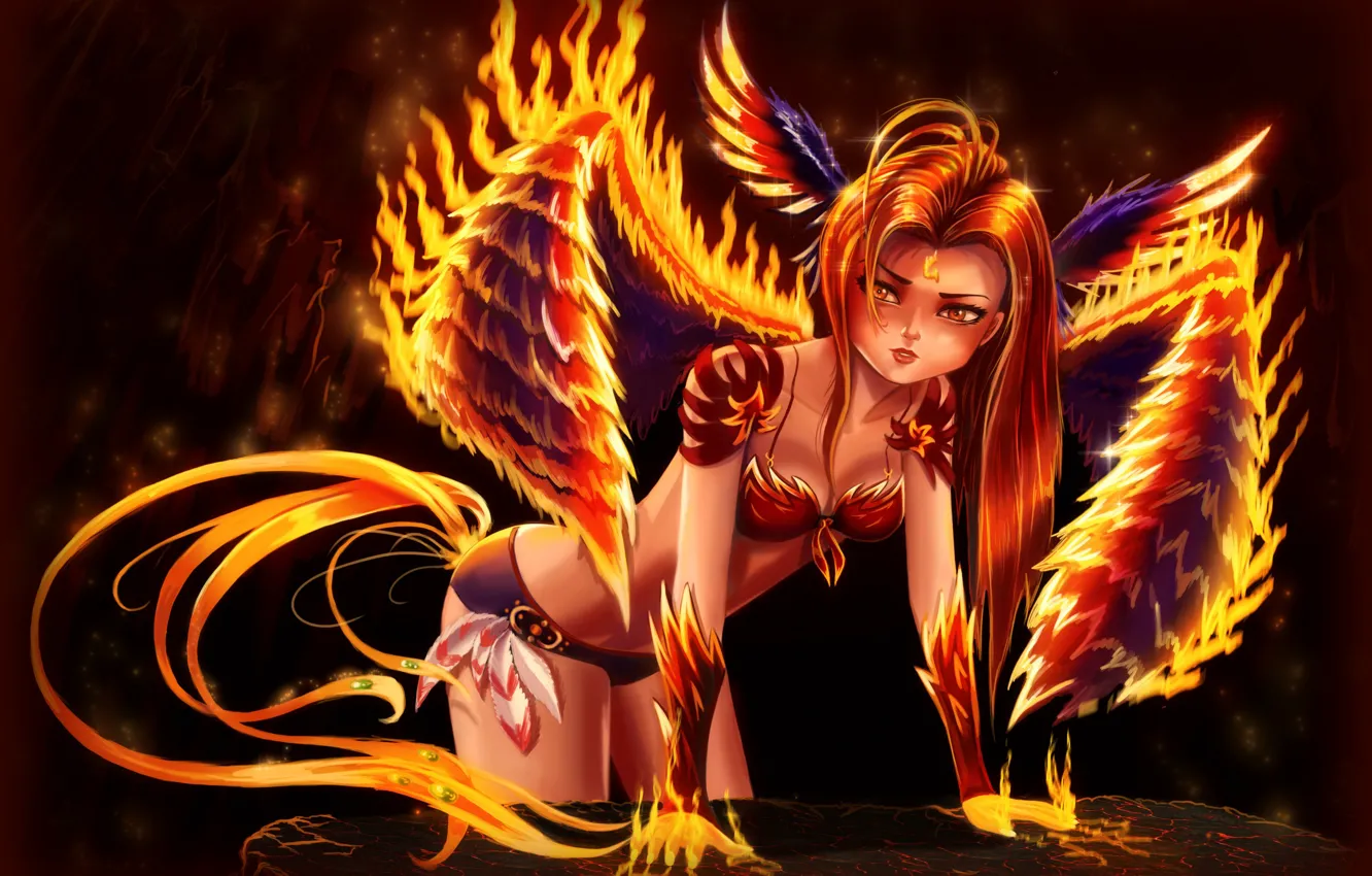 Фото обои девушка, феникс, жар-птица, огненные крылья