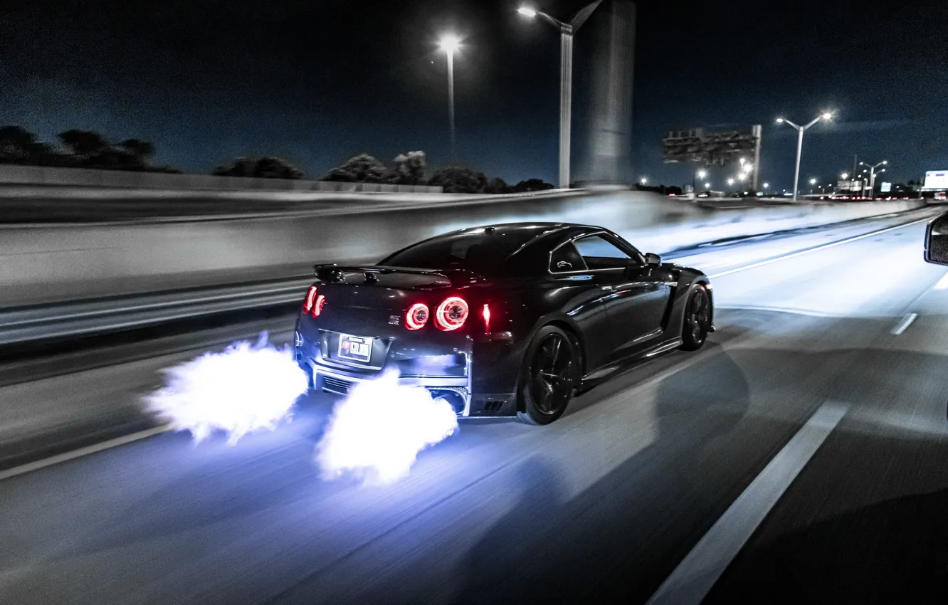 Фото обои GTR, Nissan, Flame, Night, R35, Backside