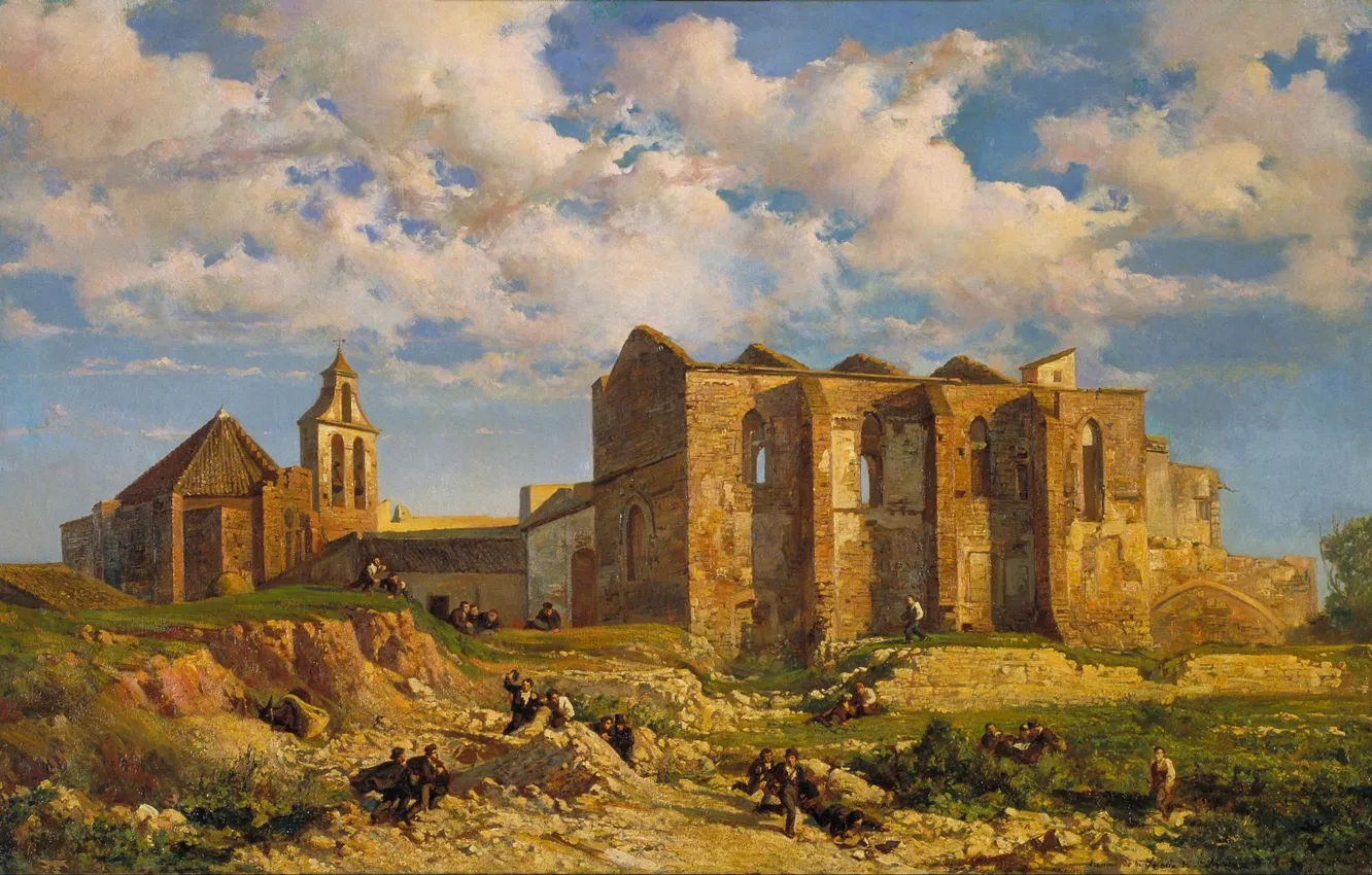 Фото обои небо, облака, пейзаж, люди, картина, Рамон Марти-и-Альсина, Развалины церкви Сант-Сепулькр