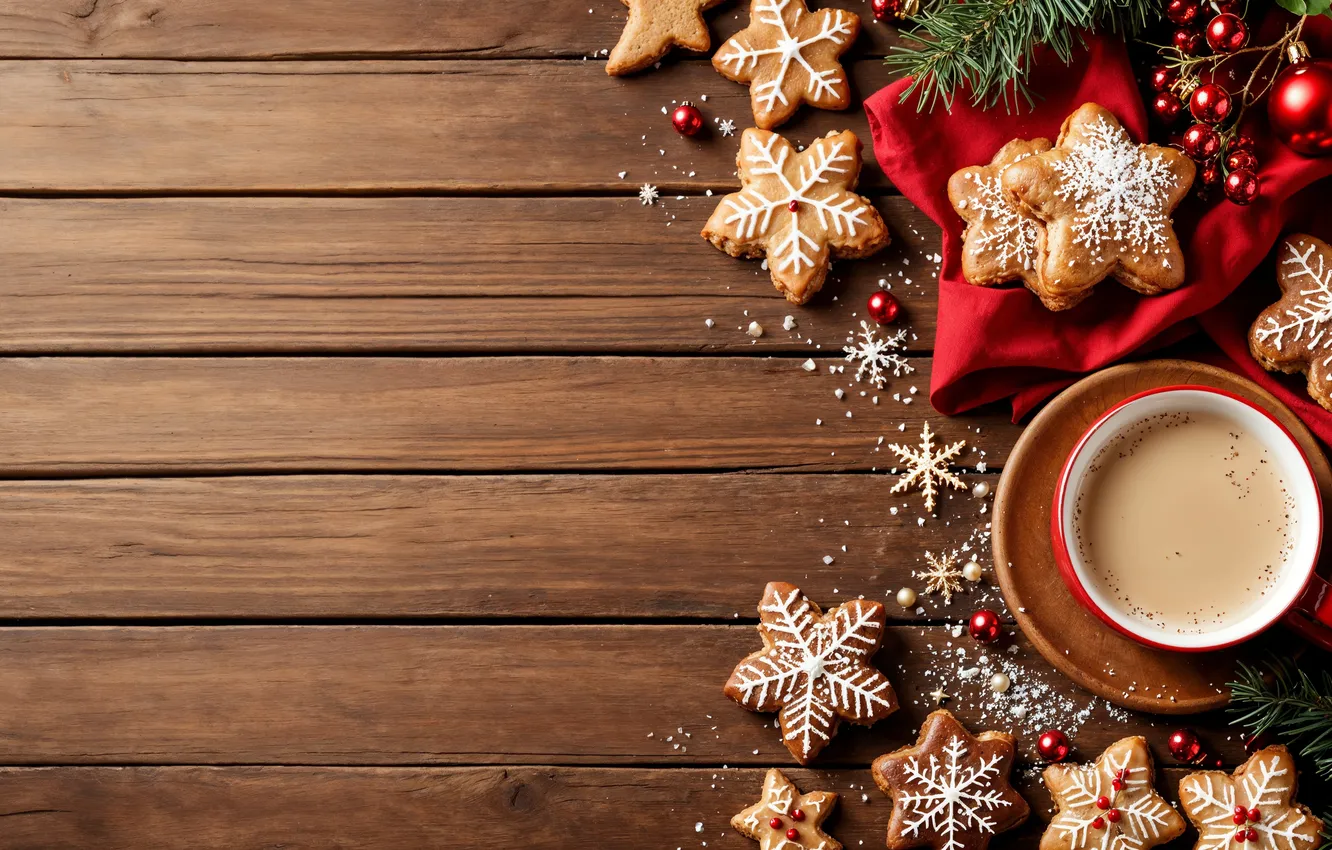 Фото обои украшения, шары, печенье, Рождество, чашка, Новый год, new year, Christmas