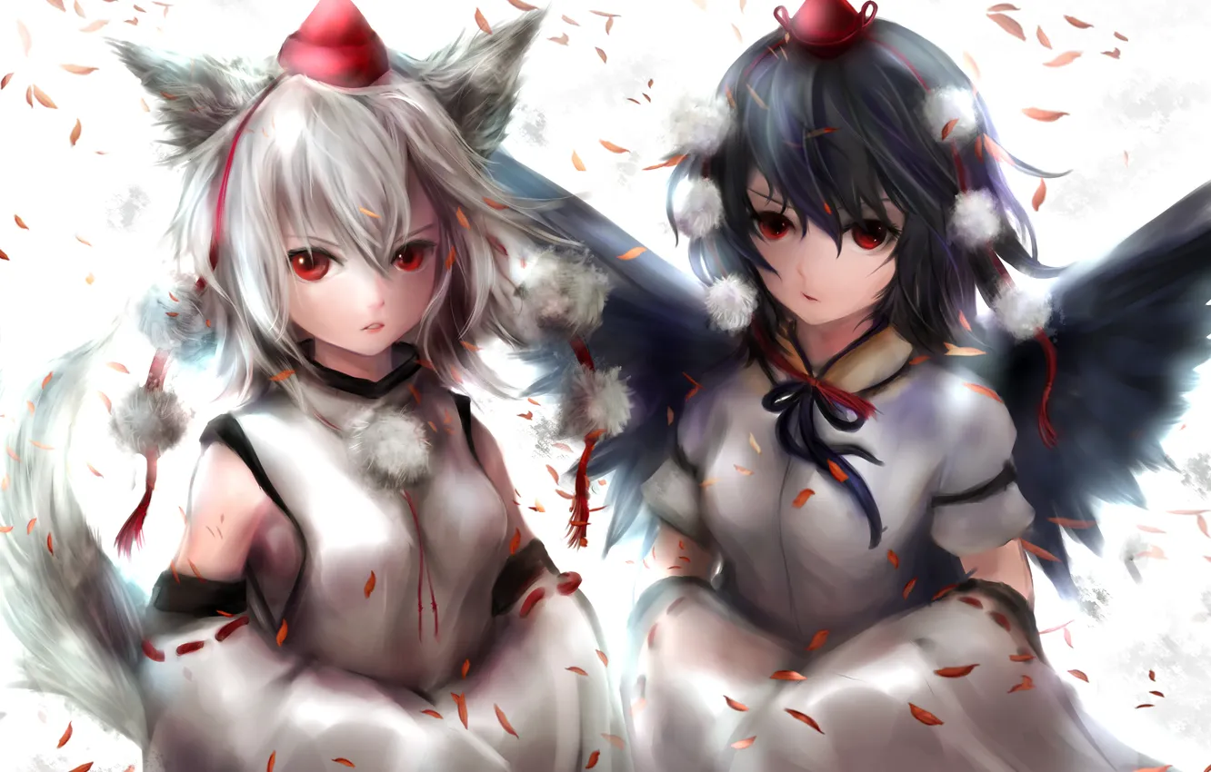 Фото обои девушки, крылья, лепестки, арт, уши, touhou, zhang xiao bo