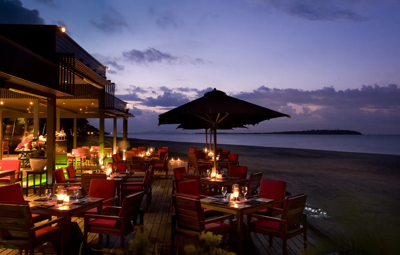 Фото обои океан, вечер, ресторан, отель, курорт, терраса