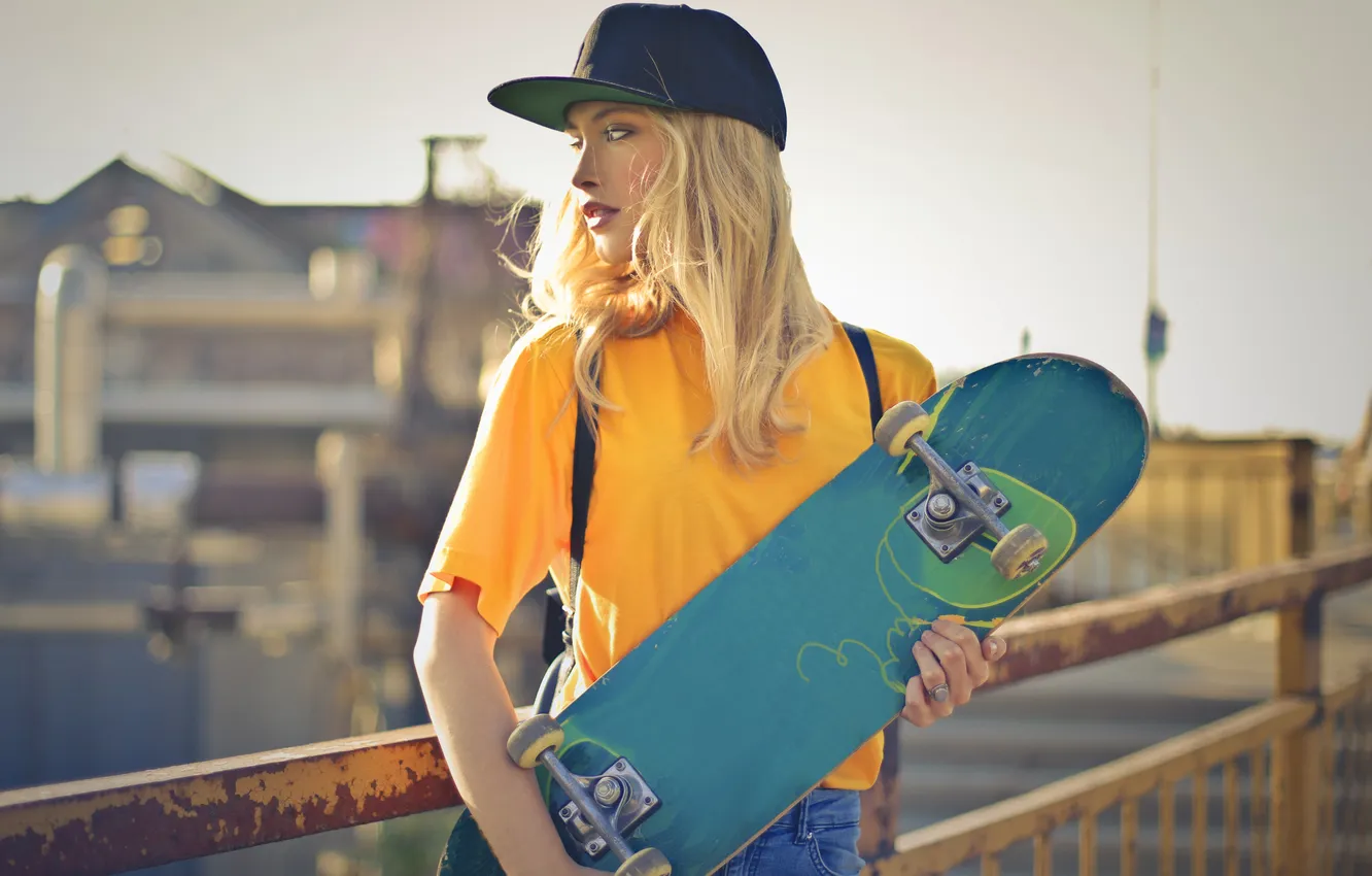 Фото обои city, girl, fashion, hat, beautiful, beauty, blond, bag