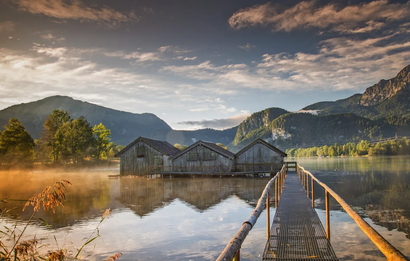 Фото обои пейзаж, горы, природа, озеро, пристань, Бавария, Альпы, домики