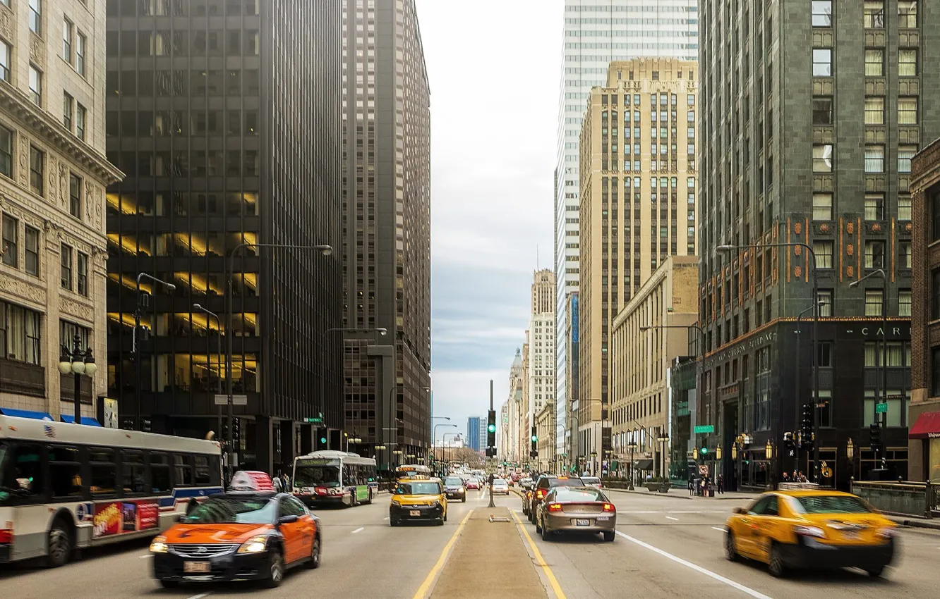 Фото обои машины, движение, люди, улица, здания, небоскребы, америка, чикаго