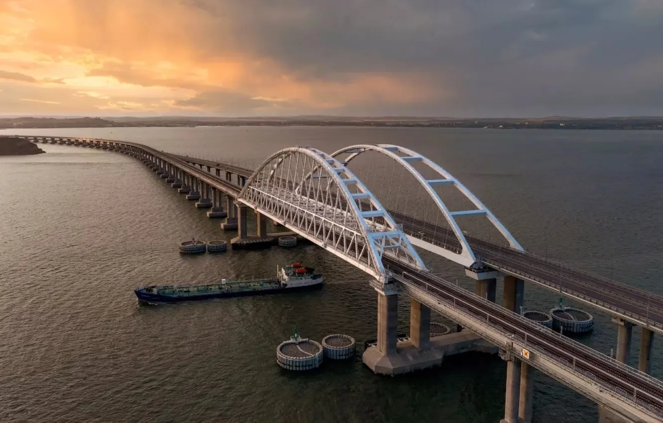 Фото обои sundown, strait, crimean bridge, kerch