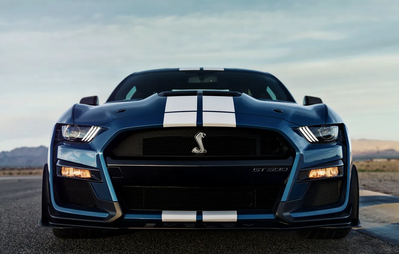 Фото обои синий, Mustang, Ford, Shelby, GT500, вид спереди, 2019
