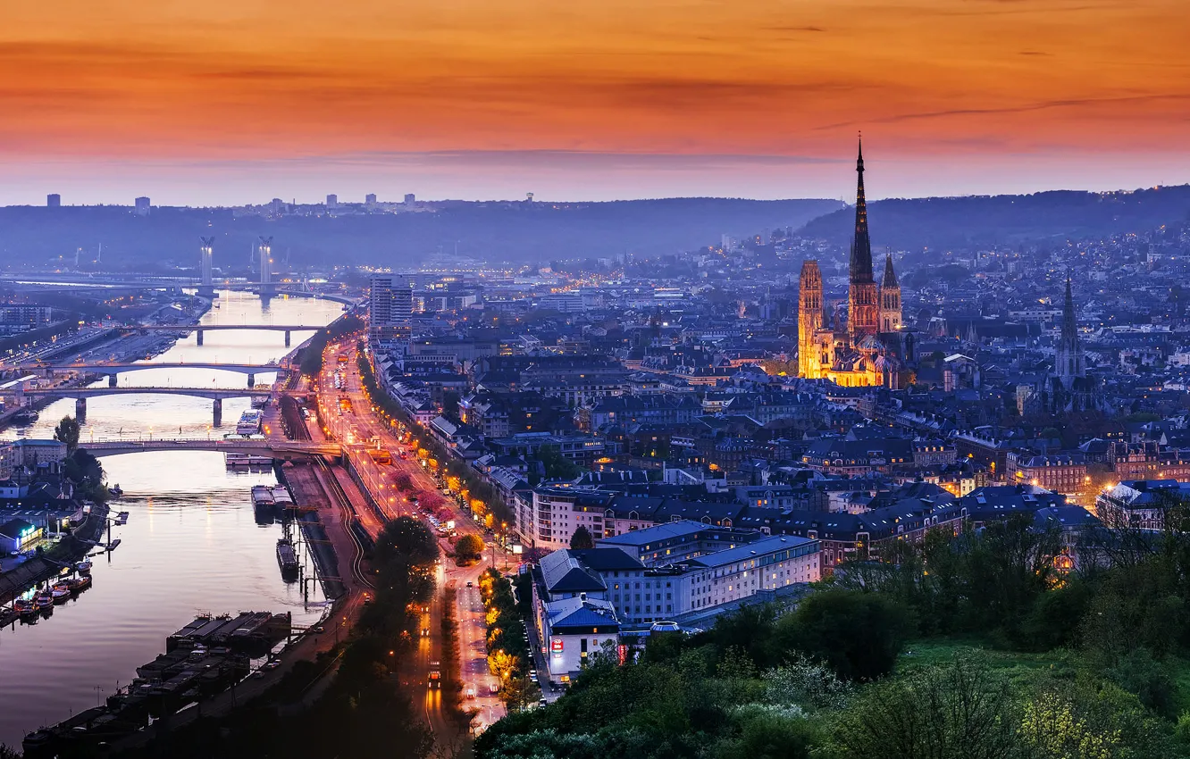 Фото обои город, огни, вечер, Нормандия, Руан, Франци