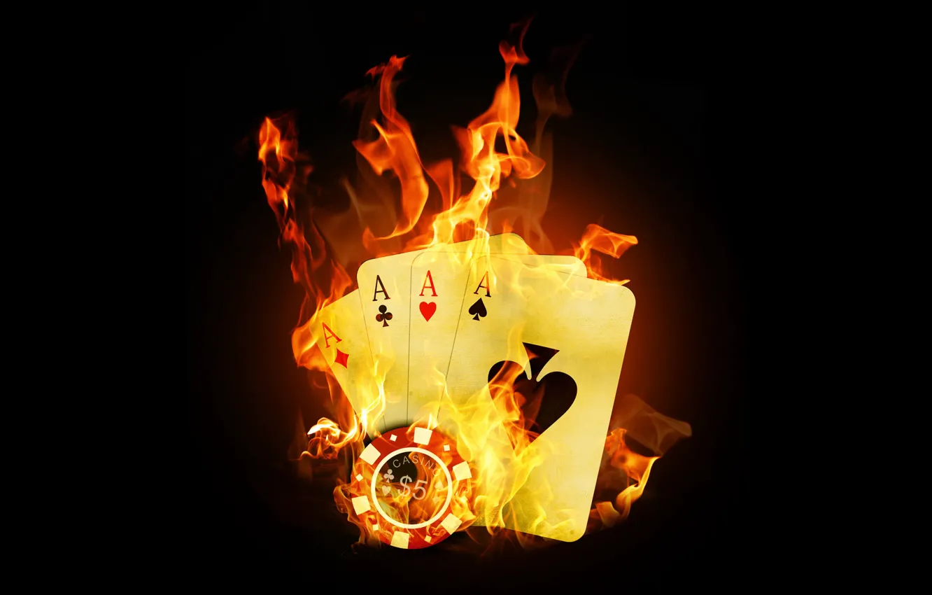 Фото обои Огонь, Карты, Покер, Казино, Пламя, Тузы