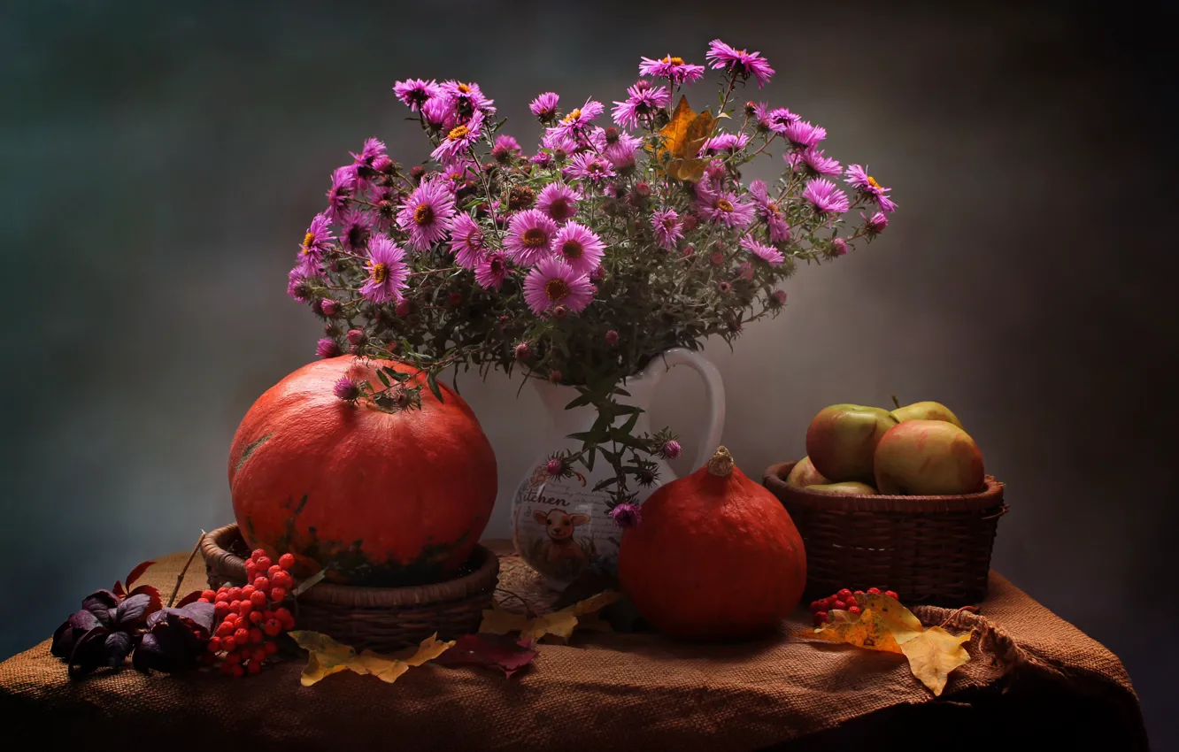 Фото обои осень, листья, цветы, яблоки, октябрь, тыква, натюрморт, хризантемы