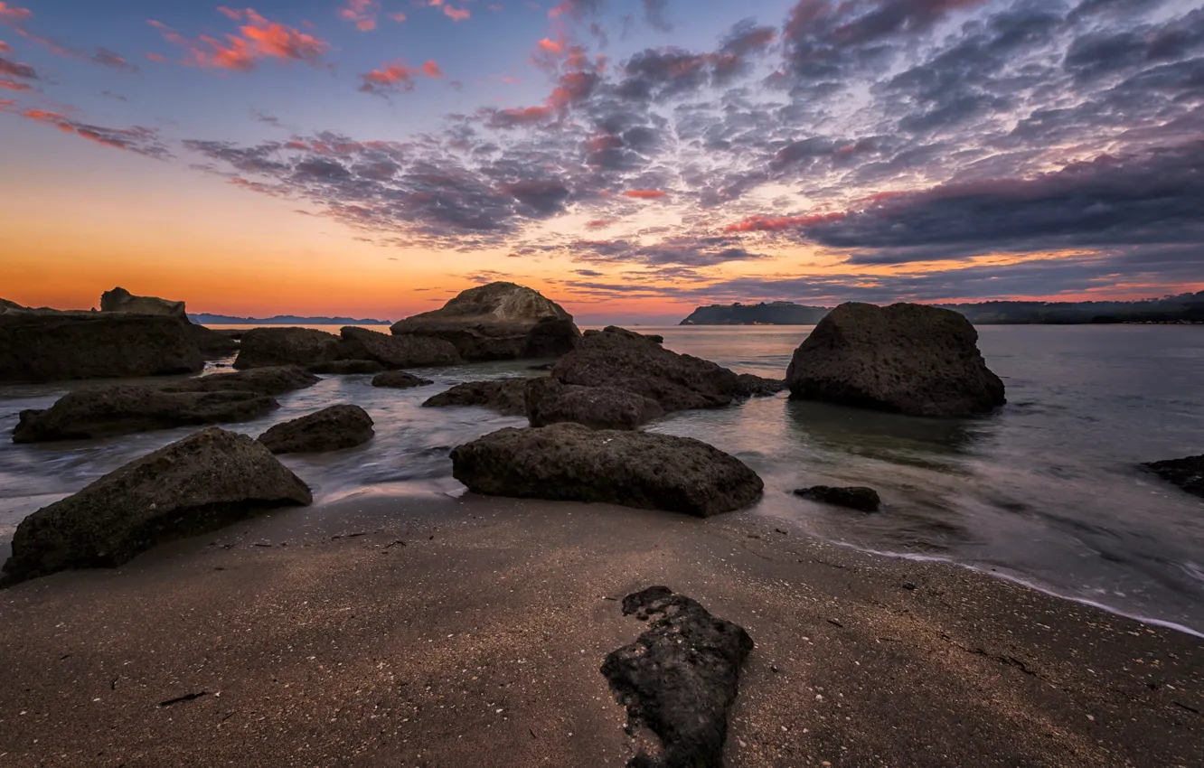 Фото обои закат, камни, побережье, Новая Зеландия, New Zealand