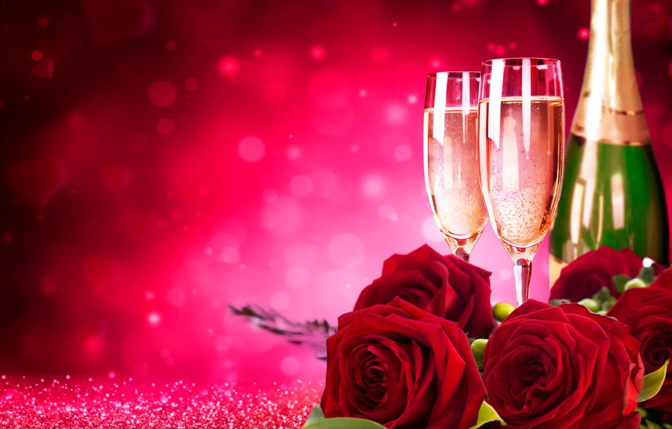 Фото обои цветы, блики, бутылка, розы, бокалы, красные, шампанское