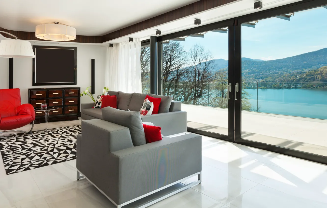 Фото обои комната, интерьер, windows, гостиная, Modern living room, вид на озеро