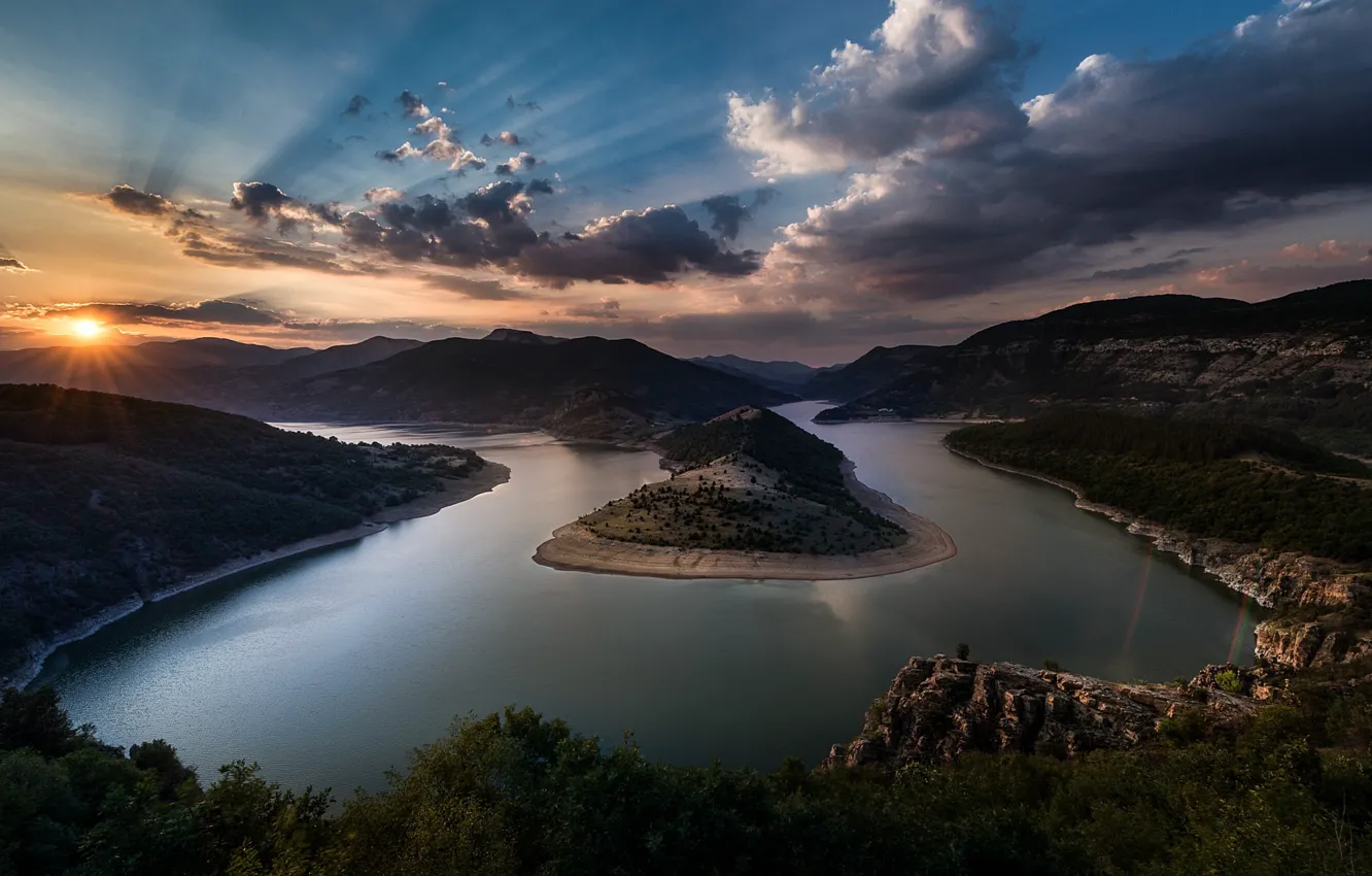 Фото обои закат, вечер, Болгария, подкова, водохранилище, Kirdzhali Dam