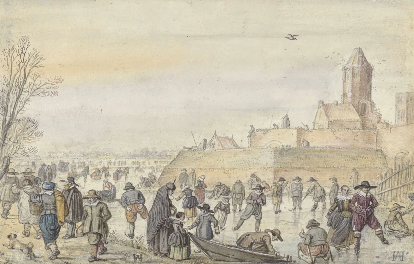 Фото обои рисунок, Хендрик Аверкамп, Hendrick Avercamp, 1595, Ледовые развлечения на канале на фоне Ворот Хагена