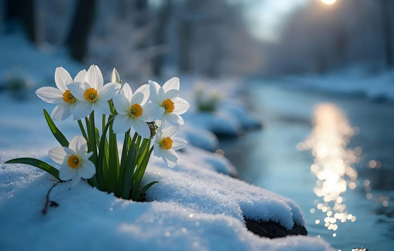 Фото обои зима, снег, цветы, весна, flowers, winter, snow, нарциссы