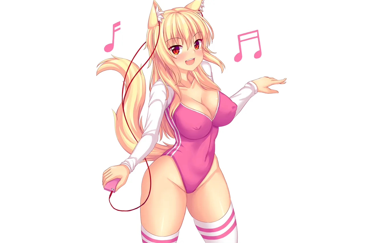 Фото обои girl, sexy, cleavage, thighhighs, erect nipples, long hair, boobs, animal ears