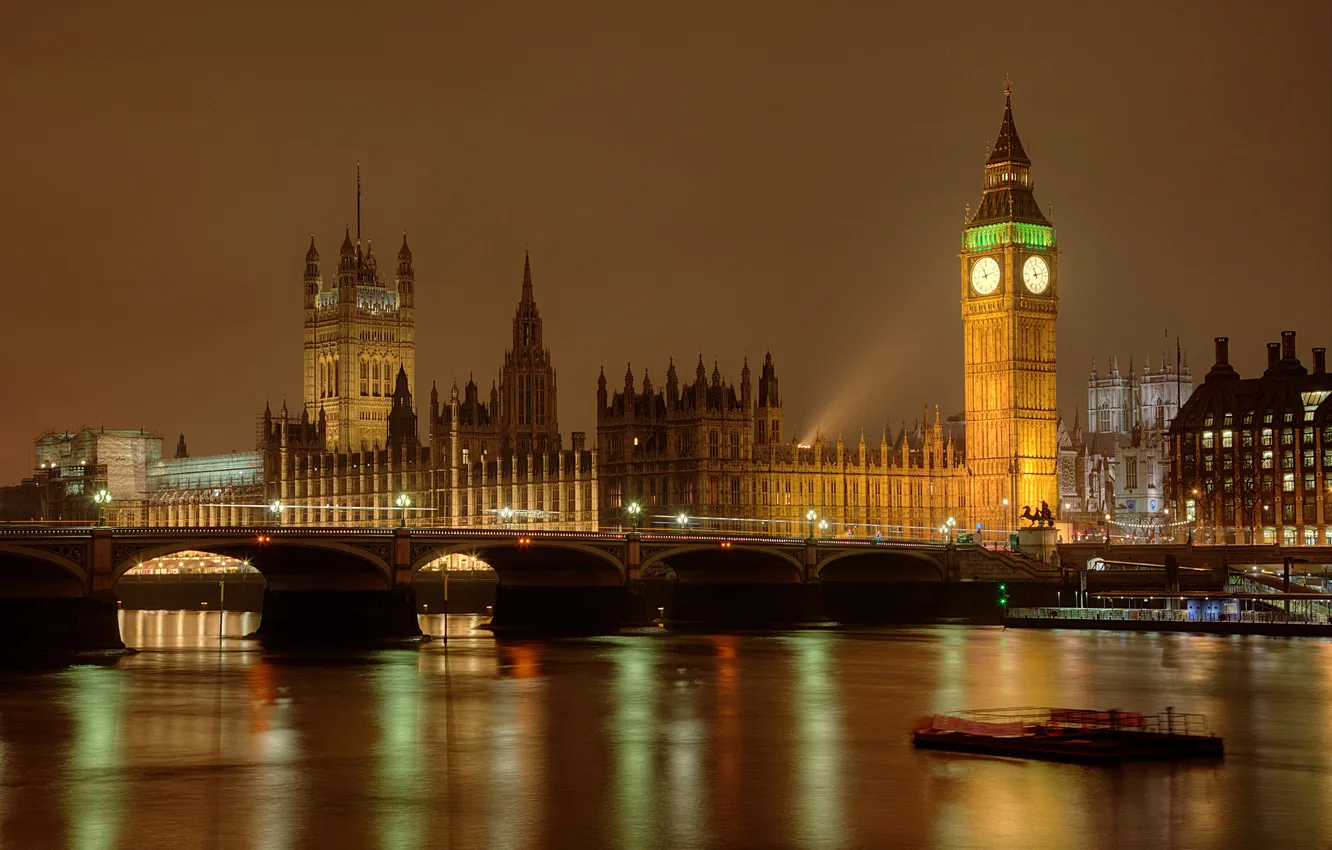 Фото обои ночь, мост, огни, река, Англия, Лондон, башня, Темза