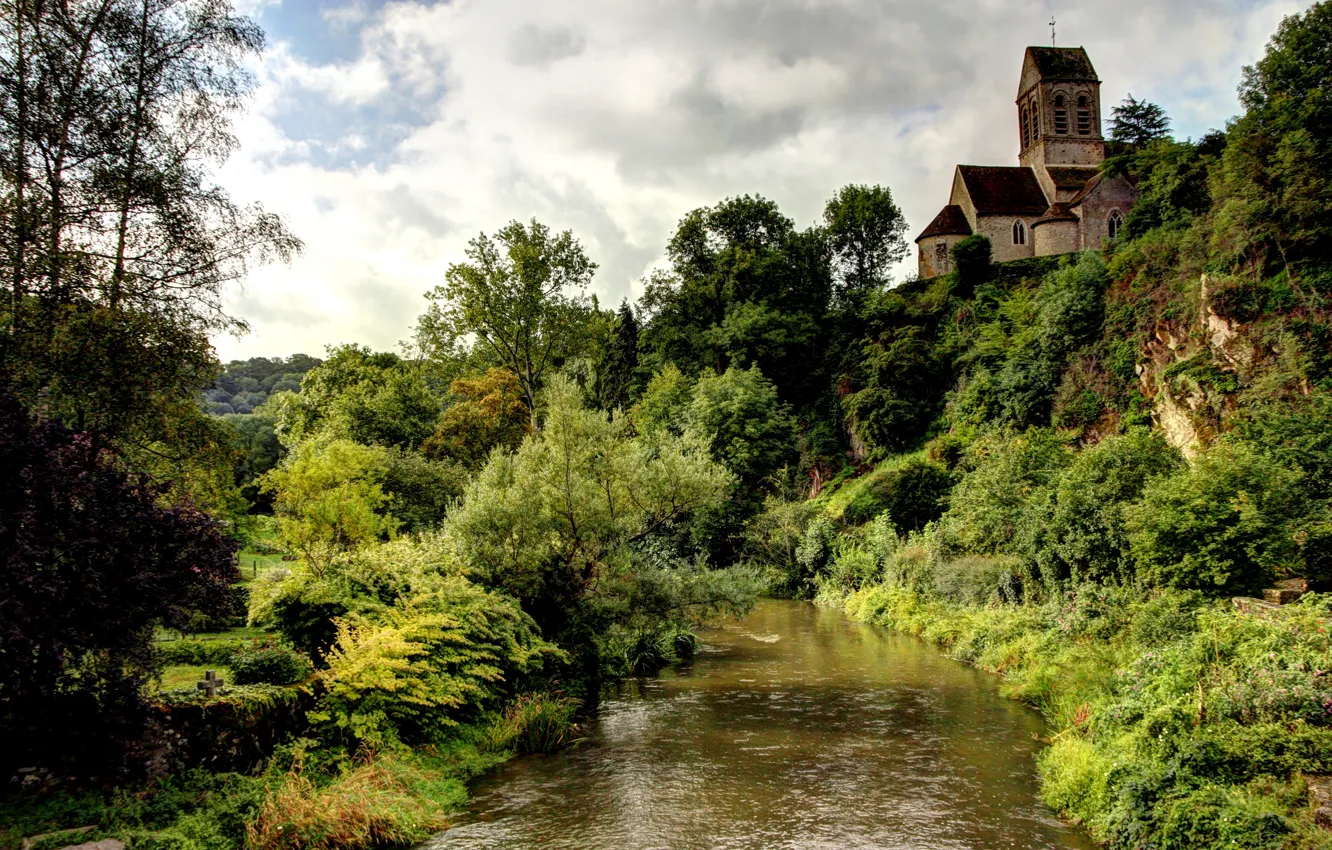 Фото обои деревья, дом, ручей, Франция, кусты, Saint-Ceneri-le-Gerei