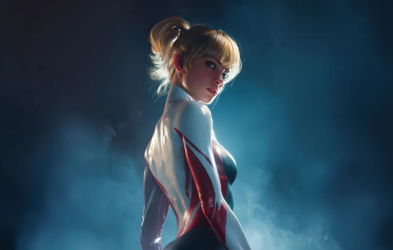 Фото обои дым, арт, блондинка, костюм, комикс, Gwen Stacy, MARVEL