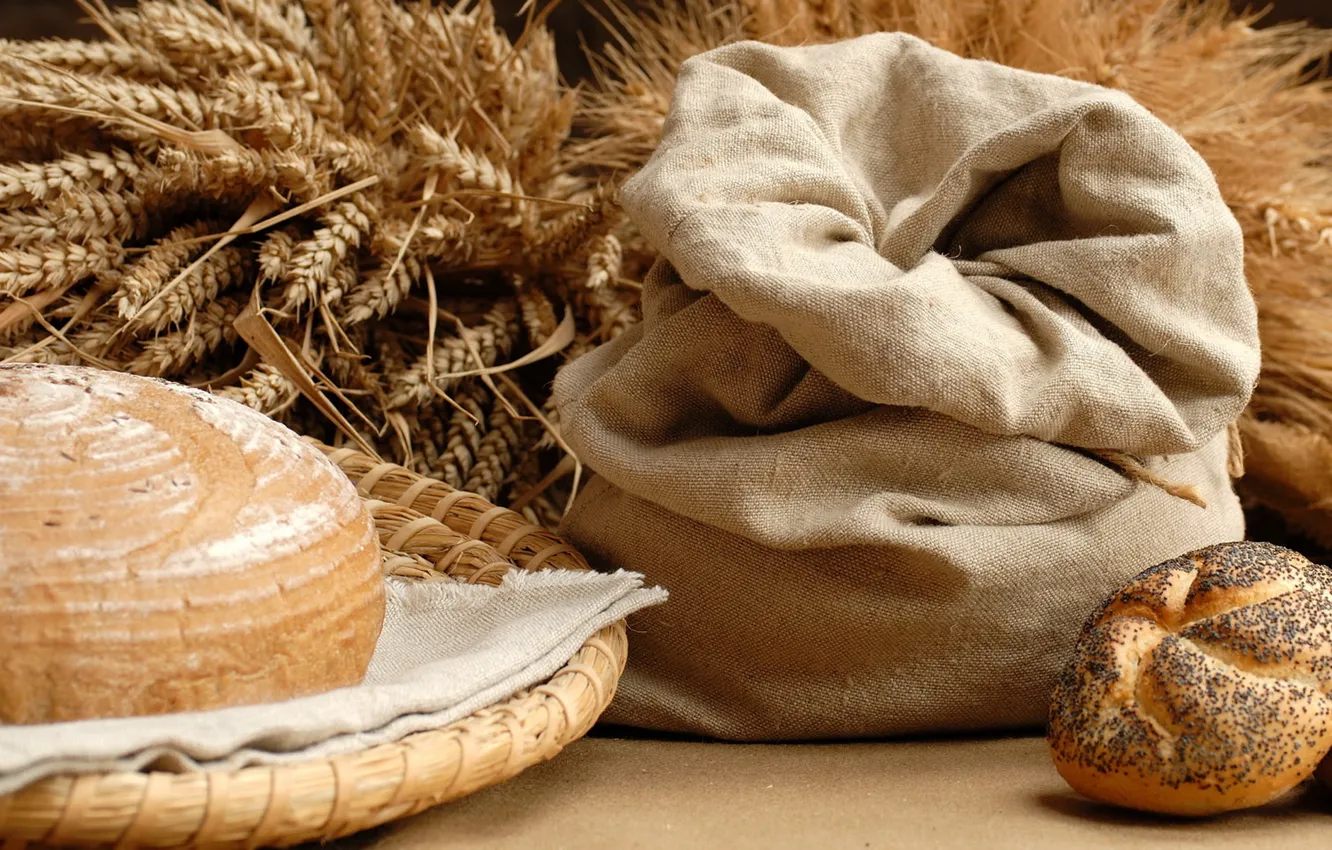 Фото обои пшеница, еда, хлеб, колосья, мешок, блюдо, булка, булочка