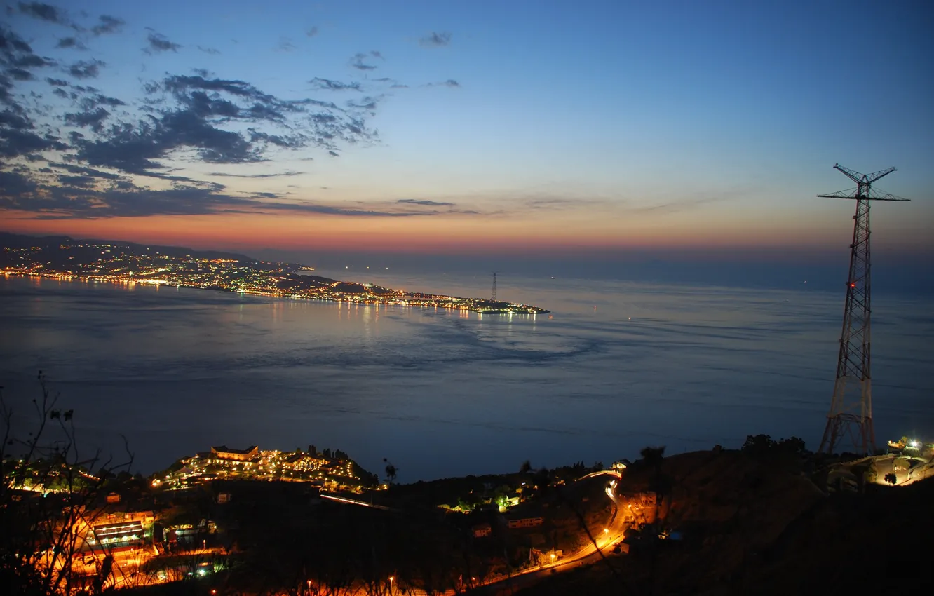 Фото обои city, lights, twilight, sky, sea, landscape, Italy, nature