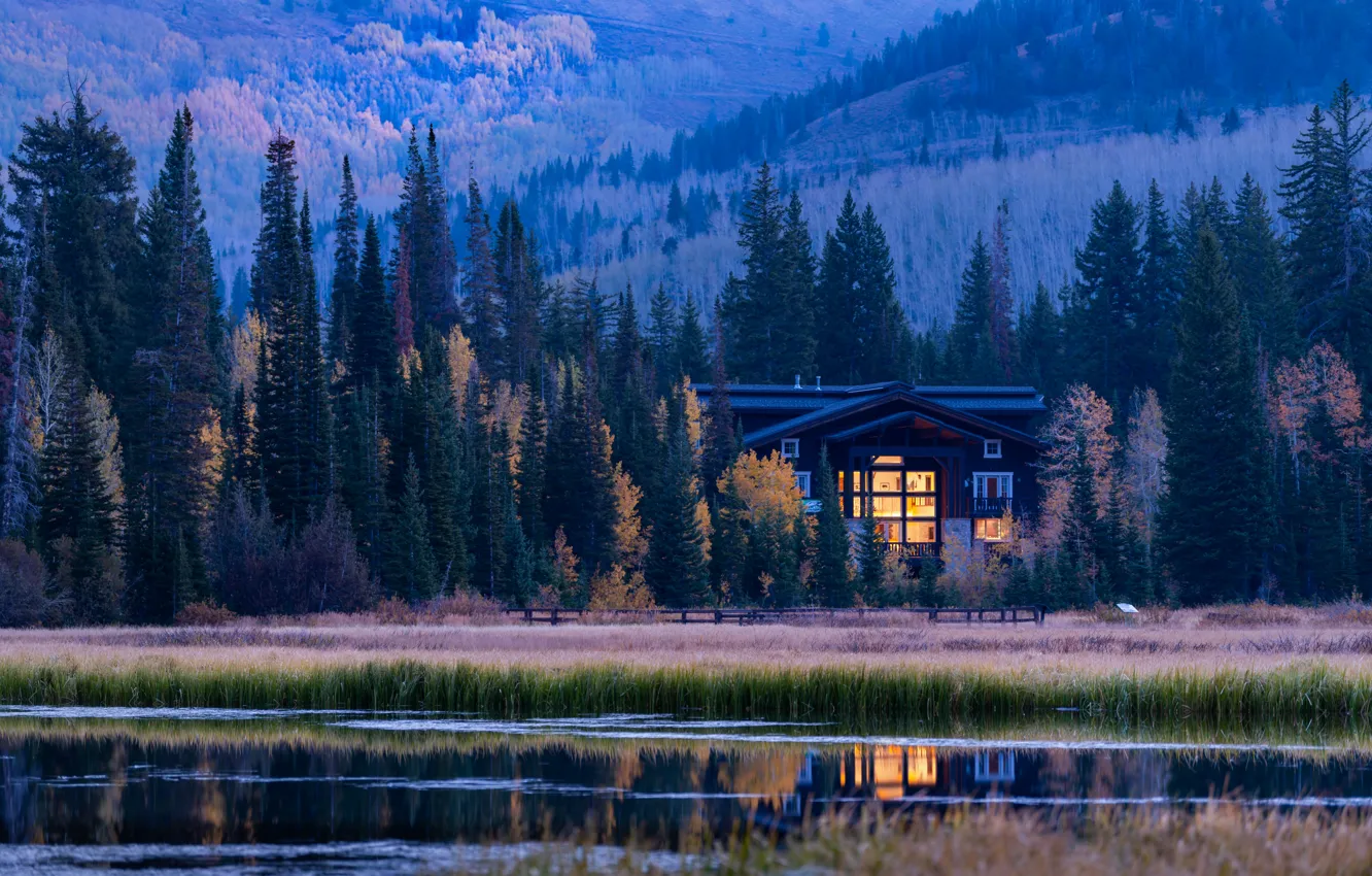 Фото обои осень, лес, деревья, озеро, дом, Юта, водоём, Utah