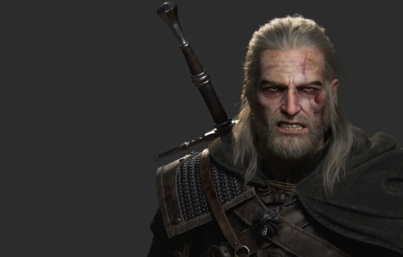 Фото обои Кровь, Меч, Шрамы, Плащ, Броня, Ведьмак, Witcher, Геральт из Ривии