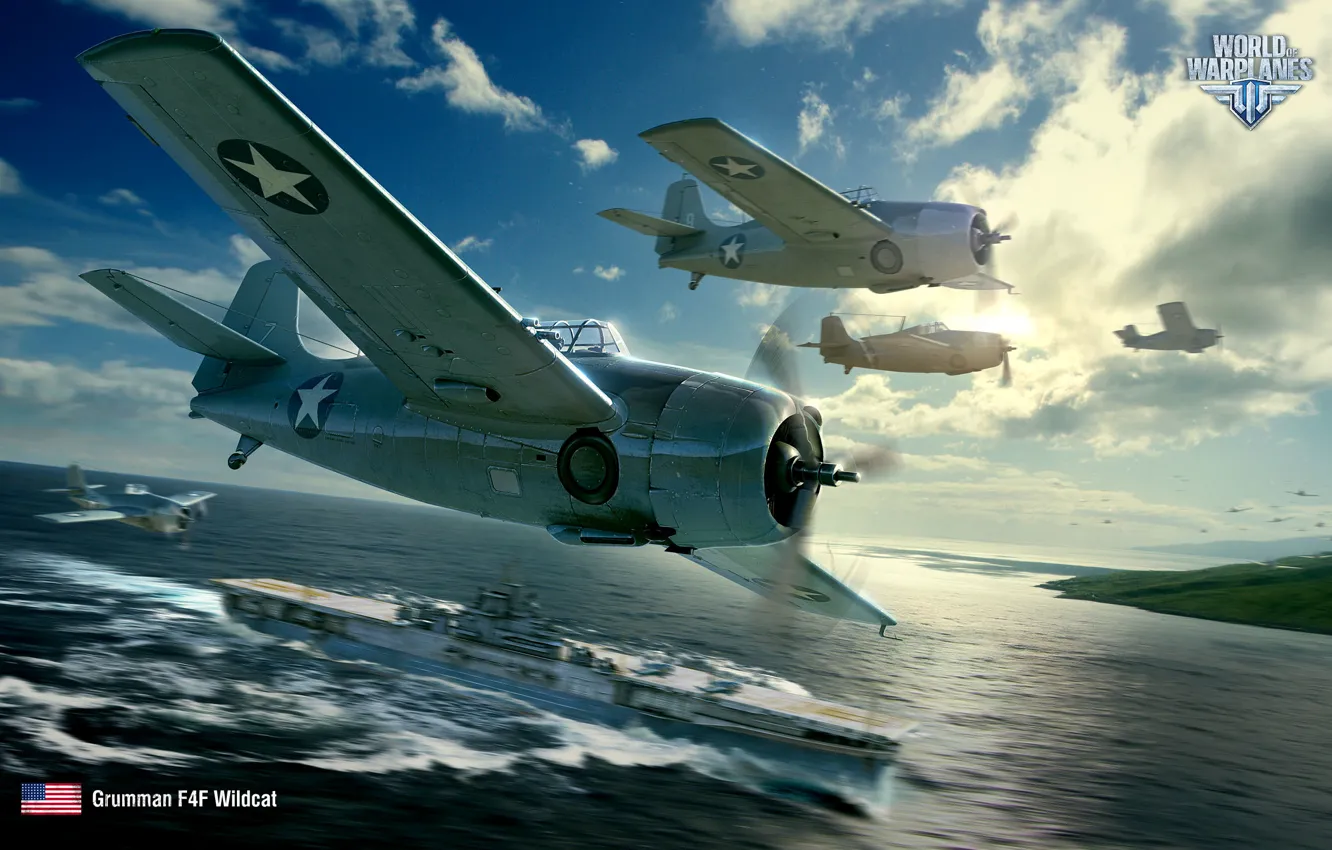 Фото обои небо, США, Wargaming.net, World of Warplanes, Grumman F4F Wildcat