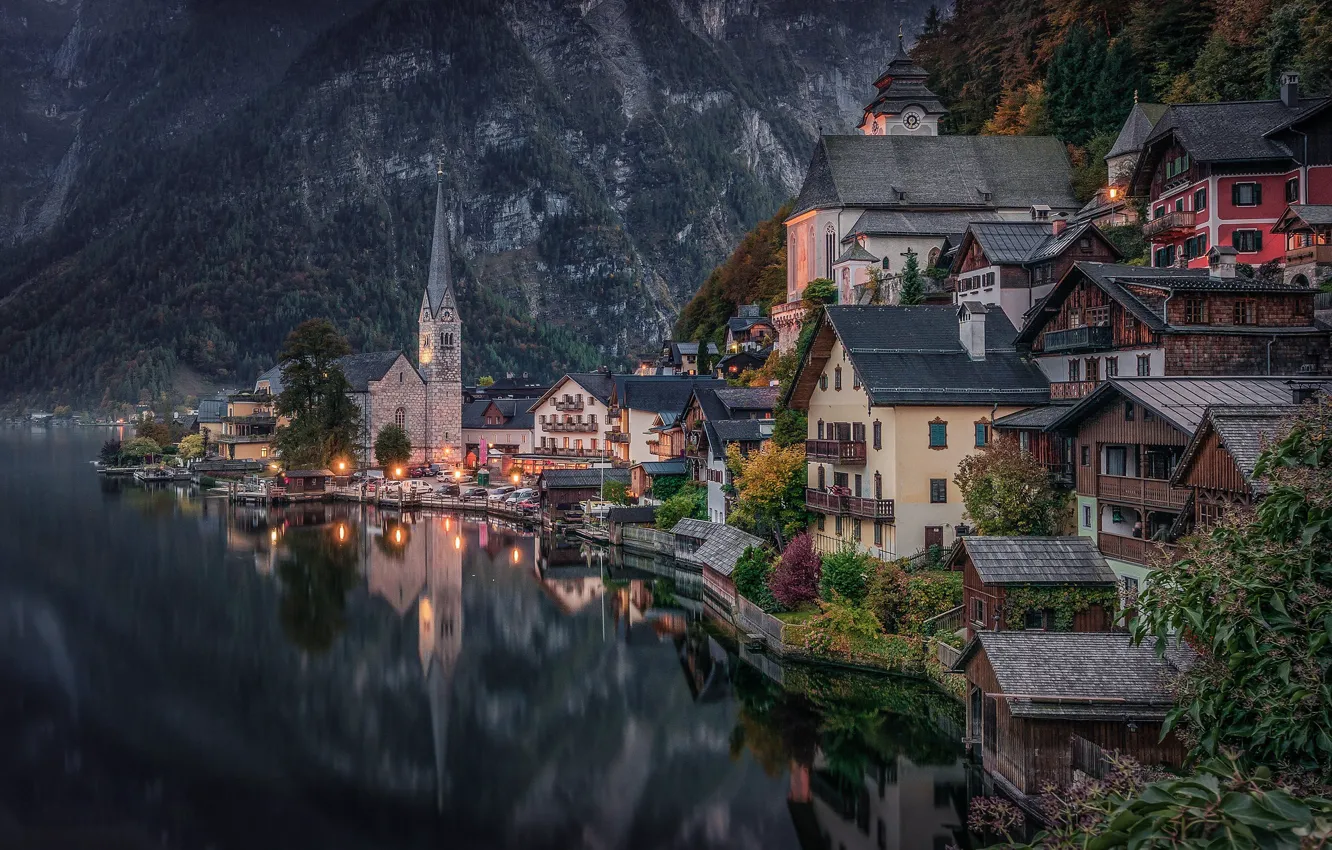 Фото обои горы, озеро, отражение, здания, дома, Австрия, Альпы, Austria