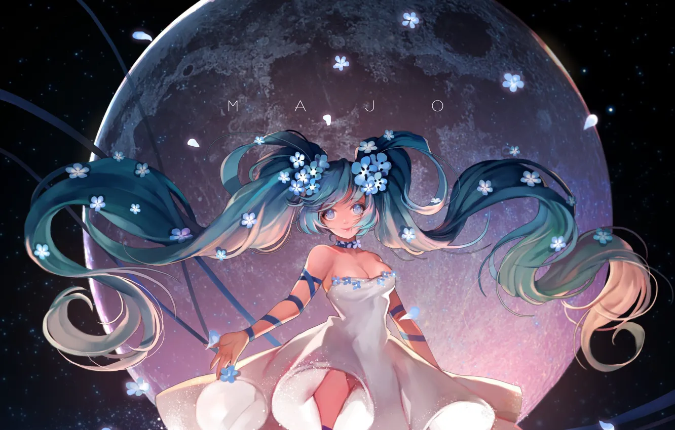 Фото обои космос, Луна, vocaloid, Hatsune Miku, белое платье, вокалоид, голубые волосы, незабудки